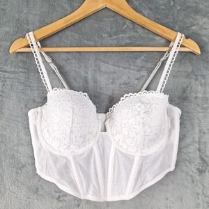 Womens Corset Bra Medium White Crop Top Bustier Coquette Floral Push Up Bridal